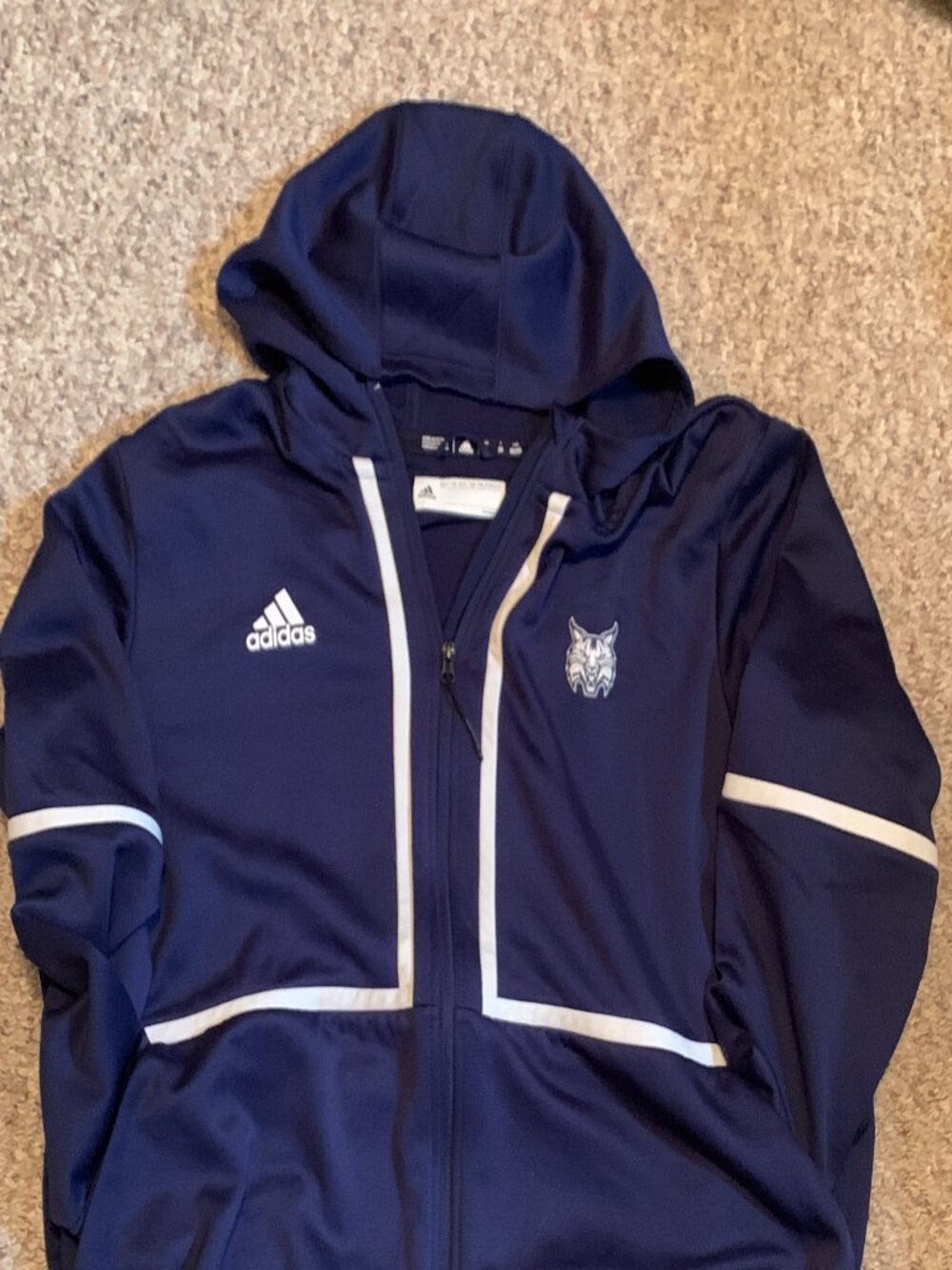 Unique Adidas Warm-up Jacket with hood in Deep Blue with White accents  2XL